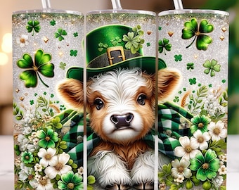 Gobelet enveloppant vache Highland bébé Saint-Patrick 20 oz design en sublimation gobelet skinny, emballage gobelet vache Highland, verre PNG de la Saint-Patrick