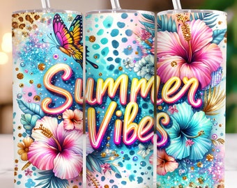 Summer Vibes Tumbler Wrap 20 oz Skinny Tumbler PNG Hibiscus Sublimation Design, Tropical Flowers Seamless Summer Tumbler Wrap PNG