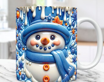 3D Aufgeblasener Schneemann Becher Wrap Weihnachtsbecher Wrap Sublimationsdesign PNG 11 Unze und 15 Unze Kaffeetasse Vorlage 3D Blumen Schneemann Becher Pressendesign