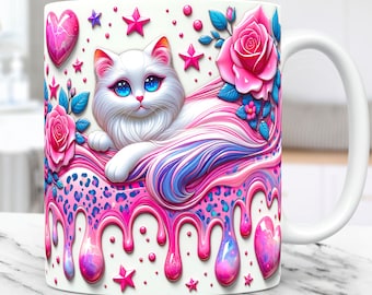 Pink Cat Mug Wrap Cat Lovers Mug Wrap Sublimation Design PNG Cute Cat Mug PNG Press Design, 3D Cat 11oz & 15oz Coffee Cup Template