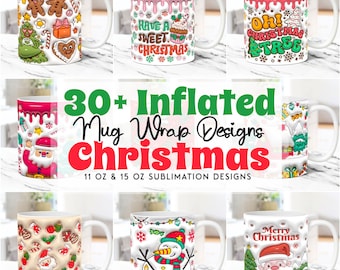 May include: A set of 30+ Christmas-themed mug wrap designs for 11 oz and 15 oz sublimation mugs. The designs feature various festive elements, including Santa Claus, snowmen, Christmas trees, and gingerbread men. The designs are colourful and whimsical, perfect for adding a festive touch to your mugs.