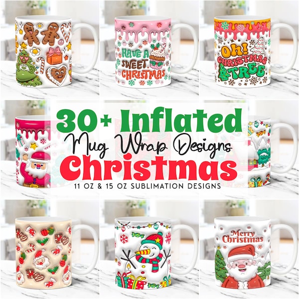 3D Christmas Mug Wrap Bundle Inflated Christmas Mug Wrap Sublimation Design PNG Puffy Christmas Mug Design 11oz and 15oz Coffee Cup Template