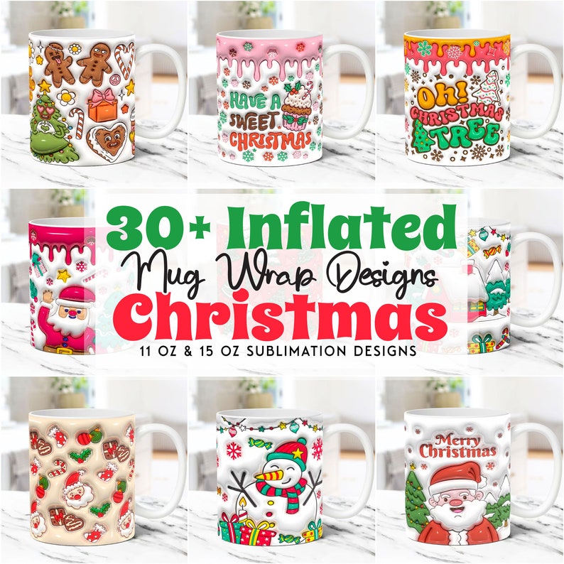 May include: A set of 30+ Christmas-themed mug wrap designs for 11 oz and 15 oz sublimation mugs. The designs feature various festive elements, including Santa Claus, snowmen, Christmas trees, and gingerbread men. The designs are colorful and whimsical, perfect for adding a festive touch to your mugs.