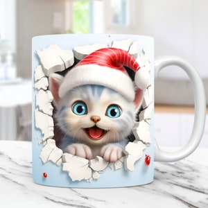 3D Kitten Hole In A Wall Mug Wrap, Christmas Mug Wrap Sublimation Design PNG, 11oz & 15oz Coffee Cup Template, 3D Cute Cat Mug Press Design