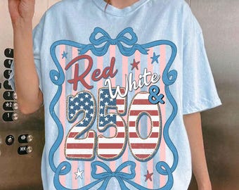 PNG de estilo preppy rojo y blanco y 250 aniversario, diseño de lazo patriótico coqueto, Día de la Independencia retro de EE. UU., gráfico de camiseta de la libertad de Estados Unidos 1776-2026