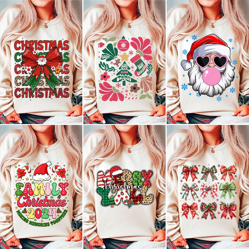 May include: Six different Christmas themed sweatshirts with various designs. The sweatshirts are all cream colored with long sleeves and a crew neck. The designs include a Santa Claus with sunglasses, a Christmas tree with ornaments, a family Christmas design, a Merry Christmas design, and a bow design.