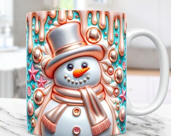3D-Schneemannbecher Wrap Weihnachtsbecherverpackung Aufgeblasener Sublimationsentwurf 3D-Schneemannbecher PNG-Presse-Design 11 Unze und 15 Unze Kaffeetasse-Vorlage