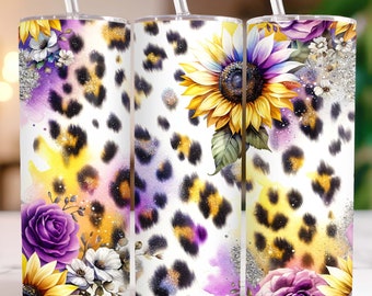Envoltura para vaso con diseño de girasoles, 20 oz, diseño de sublimación con estampado de leopardo y purpurina PNG, envoltura para vaso con diseño de girasoles y purpurina sin costuras, descarga digital