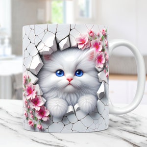 3D Kitten Hole In A Wall Mug Wrap, Cat Mug Wrap Sublimation Design PNG, 11oz and 15oz Coffee Cup Template, 3D Cute Cat Mug Press Design