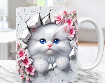 3D Kitten Hole In A Wall Mug Wrap, Cat Mug Wrap Sublimation Design PNG, 11oz and 15oz Coffee Cup Template, 3D Cute Cat Mug Press Design