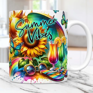 May include: White ceramic mug with a colorful design featuring a sunflower, rainbow, butterflies, sunglasses, flip-flops, and cocktails. The text "Summer Vibes" is written in black cursive lettering.
