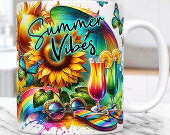 Zomerse mokomslag, Summer Vibes-moksublimatieontwerp, moksjabloon van 11 en 15 oz, sjabloon voor tropische mok, mok png