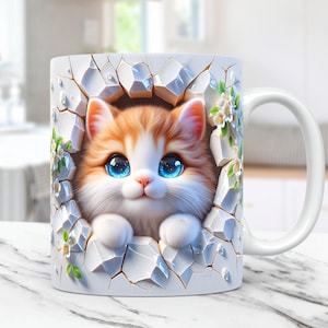 3D Kitten Hole In A Wall Mug Wrap, Snow Mug Wrap Sublimation Design PNG, 11oz and 15oz Coffee Cup Template, 3D Cute Cat Mug Press Design