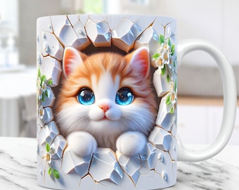 3D Kitten Hole In A Wall Mug Wrap, Snow Mug Wrap Sublimation Design PNG, 11oz and 15oz Coffee Cup Template, 3D Cute Cat Mug Press Design