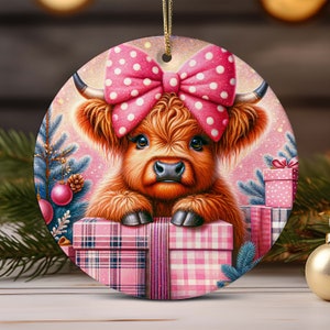 Baby Highland Cow Christmas Ornament PNG Sublimation Designs, Pink Christmas Round Ornament PNG, Instant Digital Download