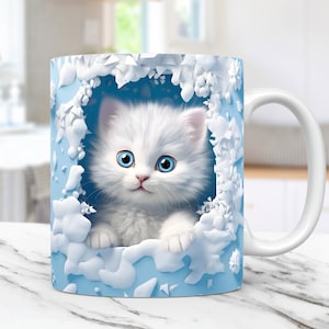 Tazza con gattino 3D che ricopre un buco nel muro, design a sublimazione per tazza con neve in formato PNG, modello per tazza da caffè da 11 e 15 once, design per stampa su tazza con gatto carino 3D