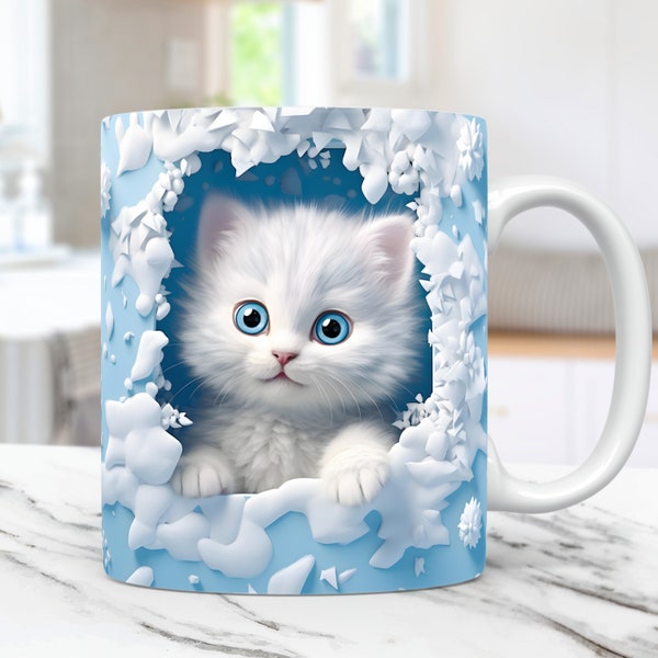 3D Kitten Hole In A Wall Mug Wrap, Snow Mug Wrap Sublimation Design PNG, 11oz and 15oz Coffee Cup Template, 3D Cute Cat Mug Press Design