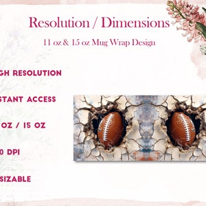 May include: A digital design for a mug wrap featuring two brown footballs breaking through a cracked white wall. The design is high resolution, 300 DPI, and resizable for 11 oz and 15 oz mugs.
