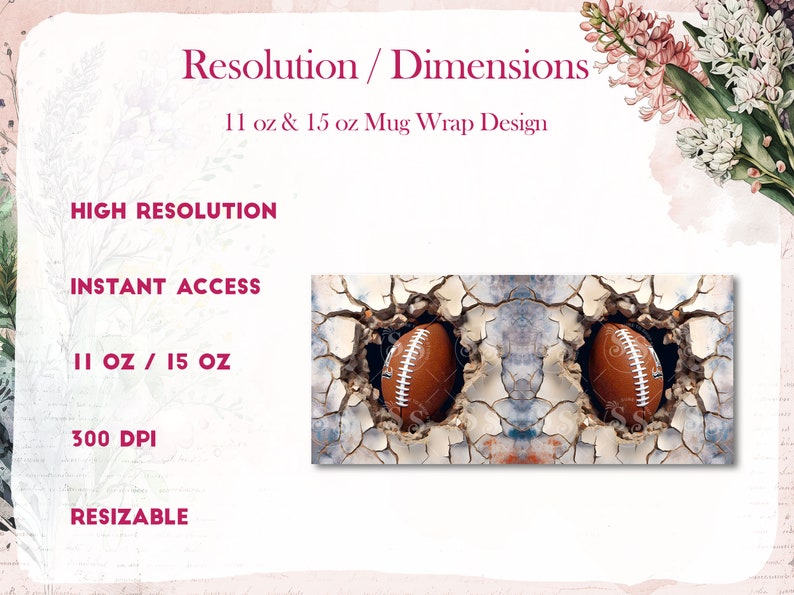 May include: A digital design for a mug wrap featuring two brown footballs breaking through a cracked white wall. The design is high resolution, 300 DPI, and resizable for 11 oz and 15 oz mugs.