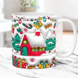 May include: White ceramic mug with a Christmas-themed design. The design features a red and white house with a green door and windows, surrounded by green trees, candy canes, snowflakes, and presents.