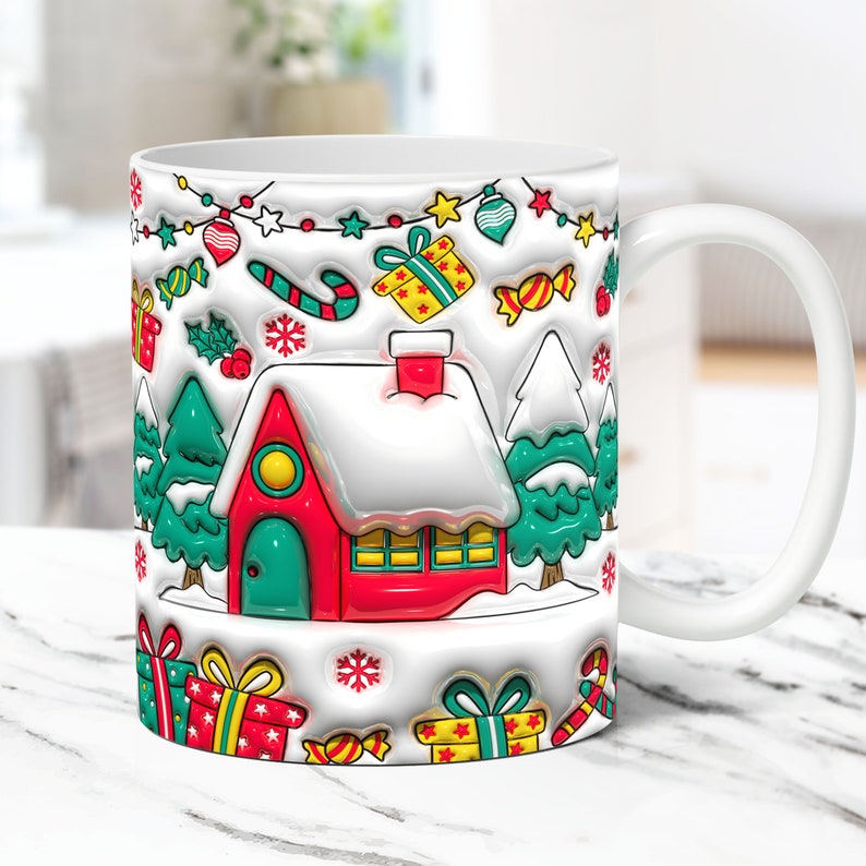 May include: White ceramic mug with a Christmas-themed design. The design features a red and white house with a green door and windows, surrounded by green trees, candy canes, snowflakes, and presents.