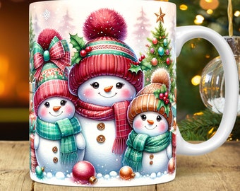 Christmas Snowman Mug Wrap, Snowman Mug Wrap Sublimation Design PNG, Snowman Cute Mug Press Design PNG, Christmas 15oz and 11oz Mug Template