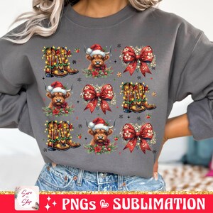 May include: A gray sweatshirt with a repeating pattern of a Highland cow wearing a Santa hat, a pair of cowboy boots with lights, and a red bow with holly.