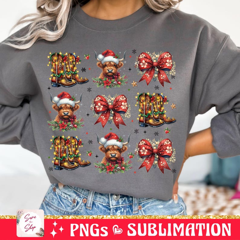 May include: A gray sweatshirt with a repeating pattern of a Highland cow wearing a Santa hat, a pair of cowboy boots with lights, and a red bow with holly.
