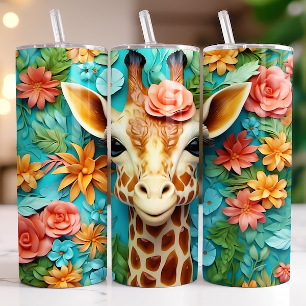 3D Giraffe with Flowers 20 oz Tumbler Wrap, Skinny Tumbler Sublimation Design, Straight & Tapered Tumbler PNG, Instant Digital Download