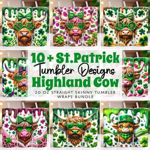 May include: A set of 10+ St. Patrick's Day themed tumbler designs featuring a Highland Cow with green shamrocks, a green bow, and green sunglasses. The text "10+ St. Patrick Tumbler Designs Highland Cow" and "20 oz Straight Skinny Tumbler Wraps Bundle" is included in the image.