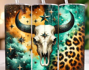 Boho Kuhschädel Tumbler Wrap, Cowgirl Tumbler PNG, 20 Unzen Tumbler Sublimation Design, Country Tumbler Wrap, Rindsleder PNG, Western Tumbler Wrap