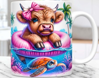 Highland Cow Mug Wrap, Summer Highland Cow Mug Sublimation Design, Modello per tazze da 11oz e 15oz, Modello per involucro per tazze PNG, Download digitale