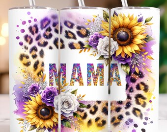 Sunflower Mama Tumbler Wrap 20 oz Skinny Tumbler PNG Mom Sublimation Design Mama Glitter Leopard Mother's Day Tumbler Wrap, Digital Download