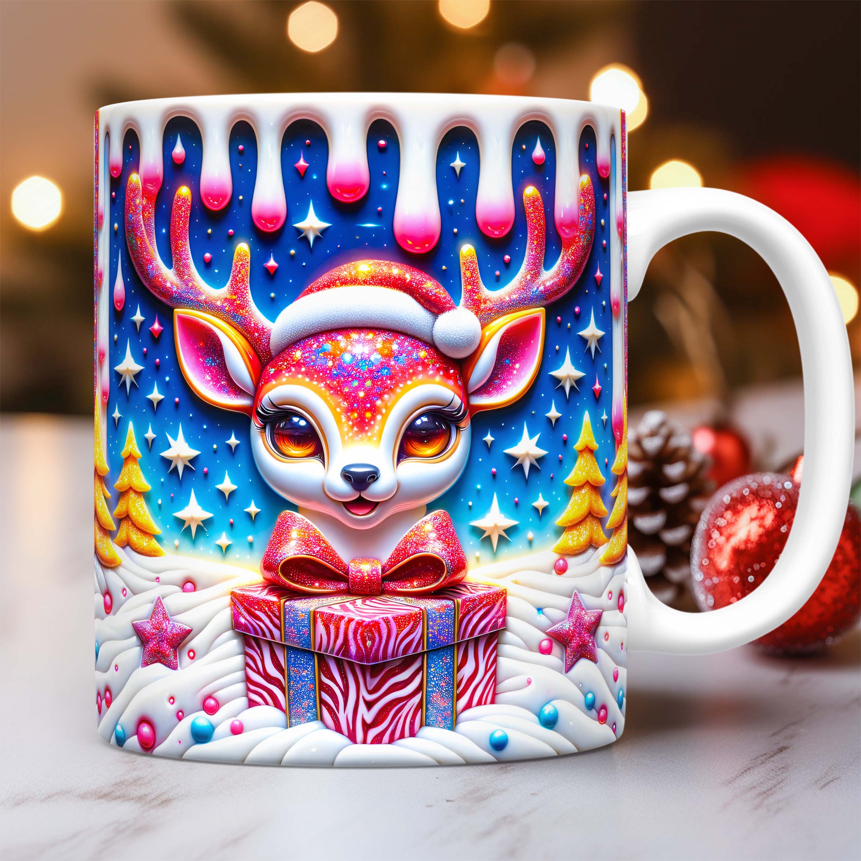 3D Deer Christmas Mug Wrap Cute Mug Wrap Sublimation Design PNG 3D Cute ...
