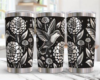 Opakowanie na kubek Hummingbird Tumbler Wrap 20 oz Laser Svg, Opakowanie na kubek grawerowane laserowo, Kwiatowy koliber 20 oz Tumbler Plik laserowy Projekt Grawerowanie laserowe Svg