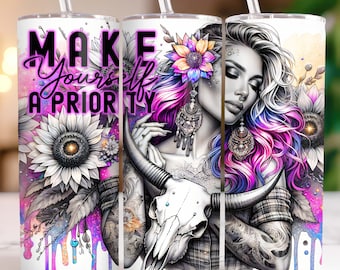 Western Sunflower Self Love Daily Affirmations Funny Snarky 20oz Tumbler Wrap, Sublimation Design Templates PNG, Digital Download