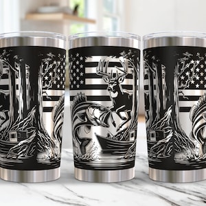 May include: Three stainless steel tumblers with a black and white design featuring a deer, fish, and trees. The design also includes an American flag.