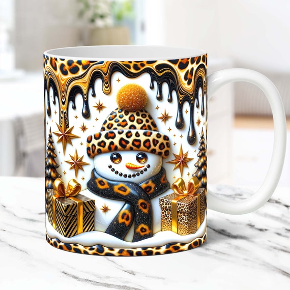3D Snowman Mug Wrap Christmas Mug Wrap Inflated Sublimation Design PNG 11oz and 15oz Coffee Cup Template 3D Puffy Snowman Mug Press Design