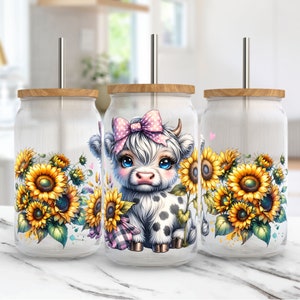 Baby Highland Cow Libbey Glass Wrap, Sunflowers Tumbler Sublimation Design PNG, Floral 16 Oz Glass Can Wrap PNG, Digital Download