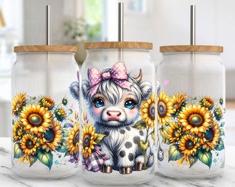 Baby Highland Cow Libbey Glass Wrap, Sunflowers Tumbler Sublimation Design PNG, Floral 16 Oz Glass Can Wrap PNG, Digital Download