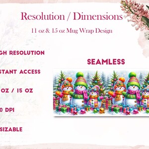 K&ouml;nnte beinhalten: Ein nahtloses digitales Design mit bunten Schneem&auml;nnern, die vor Weihnachtsb&auml;umen stehen. Das Design ist hochaufl&ouml;send, 300 DPI, und f&uuml;r 11 oz und 15 oz Tassen anpassbar.