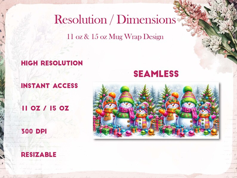 K&ouml;nnte beinhalten: Ein nahtloses digitales Design mit bunten Schneem&auml;nnern, die vor Weihnachtsb&auml;umen stehen. Das Design ist hochaufl&ouml;send, 300 DPI, und f&uuml;r 11 oz und 15 oz Tassen anpassbar.