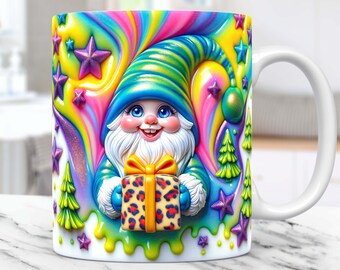 3D Inflated Gnome Mug Wrap Christmas Gnome Mug Wrap Sublimation Design 3D Puffy Gnome Mug PNG Press Design 15oz and 11oz Coffee Cup Template