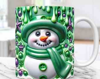 3D Aufgeblasener Schneemannbecher Wrap Weihnachtsbecher Wrap Sublimationsentwurf 3D Blumenschneemannbecher PNG-Presse-Design 11 Unze und 15 Unze Kaffeetasse-Vorlage