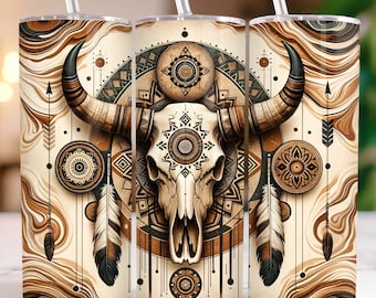 Boho Kuhschädel Tumbler Wrap, 20 Unzen Tumbler Sublimationsdesign, Country Tumbler Wrap, Western Tumbler Wrap, Kuhfell PNG, Cowgirl Tumbler PNG