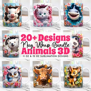 3D Animals Mug Wrap Bundle, 3D Floral Mug Wrap Sublimation Designs PNG 11oz & 15oz Coffee Cup Template, Cute Animal Mug Press Design
