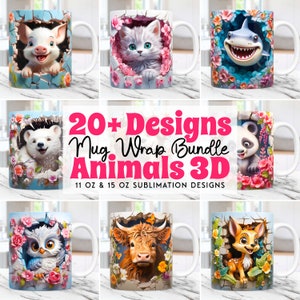 Paquete de envolturas para tazas con animales en 3D, diseños de sublimación de envolturas para tazas con flores en 3D, plantillas para tazas de café PNG de 11 oz y 15 oz, lindo diseño de prensa para tazas con animales