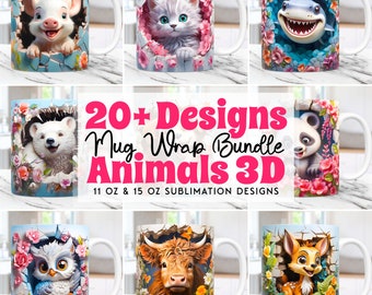3D Animals Mug Wrap Bundle, 3D Floral Mug Wrap Sublimation Designs PNG 11oz & 15oz Coffee Cup Template, Cute Animal Mug Press Design