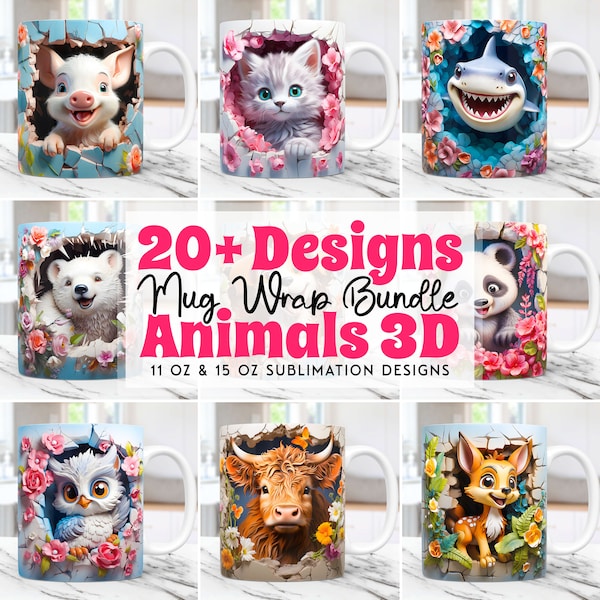 3D Animals Mug Wrap Bundle, 3D Floral Mug Wrap Sublimation Designs PNG 11oz & 15oz Coffee Cup Template, Cute Animal Mug Press Design