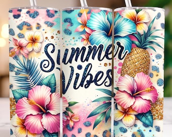 Summer Vibes Tumbler Wrap 20oz Skinny Sublimation Tumbler Design, Watercolor Summer Tumbler Wrap, Tropical Hibiscus Tumbler Png Download